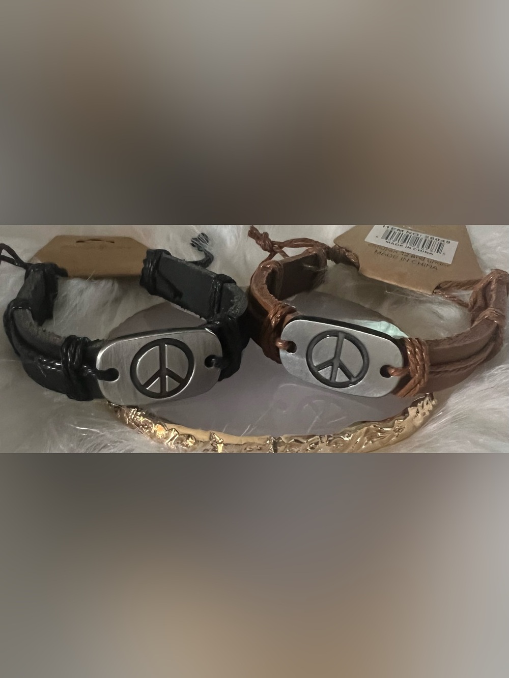 REAL LEATHER Adjustable Bracelet w/Engraved Peace Sign on Metal Tag- Choose 1
